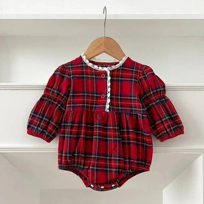 Plaid Baby Bubble Romper Red Cotton Long Sleeve - The Palm Beach Baby