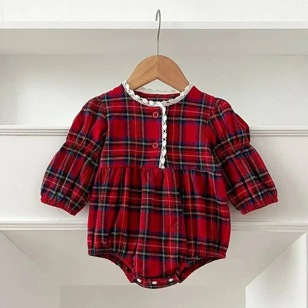 Plaid Baby Bubble Romper Red Cotton Long Sleeve - The Palm Beach Baby