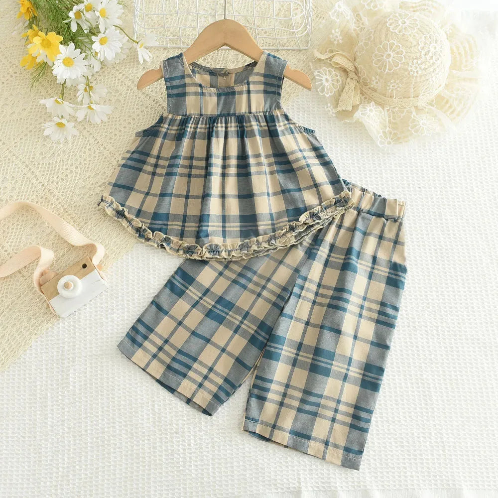  blue and beige plaid pant set with sleeveless top and ruffle hem detail