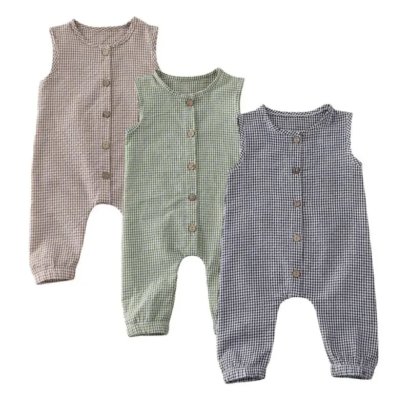 Plaid infant jumpsuit set with sleeveless design in beige green and navy for babies