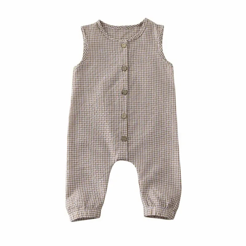 beige and brown plaid infant jumpsuit with buttons front sleeveless baby clothing