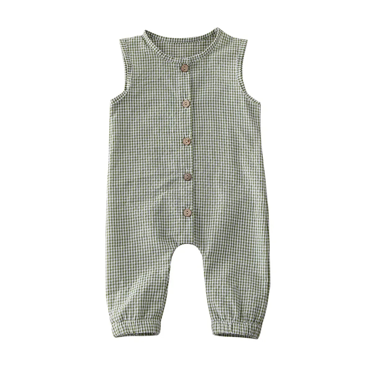 green and white plaid infant jumpsuit sleeveless with front wooden buttons for babies