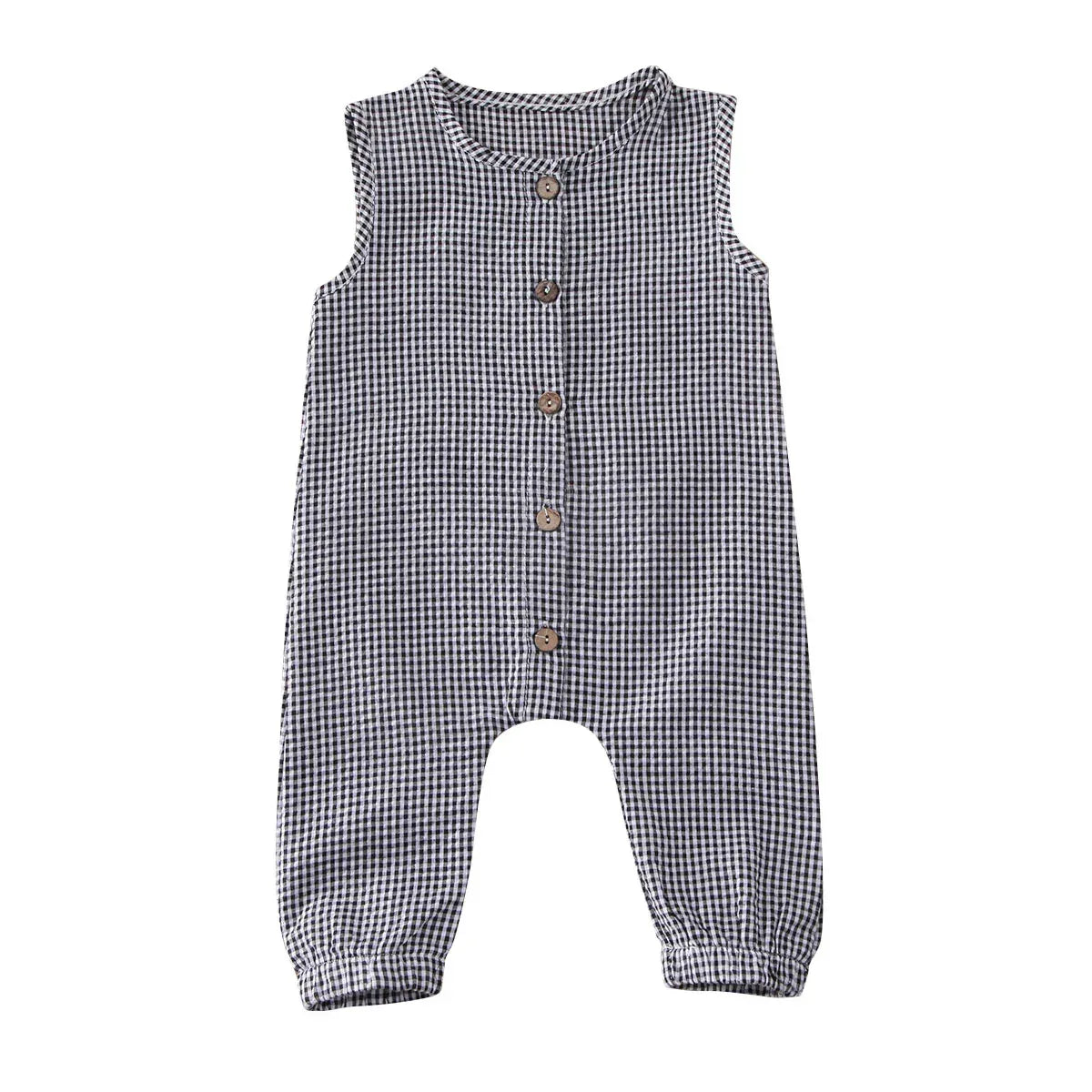 Sleeveless black and white plaid infant jumpsuit with wooden buttons for babies