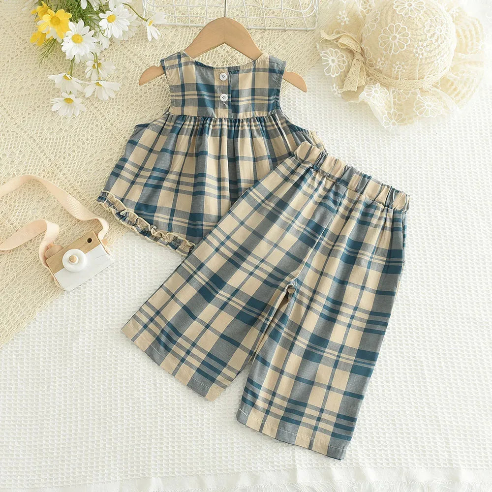 little girls beige and blue plaid pant set with sleeveless top and elastic waist pants