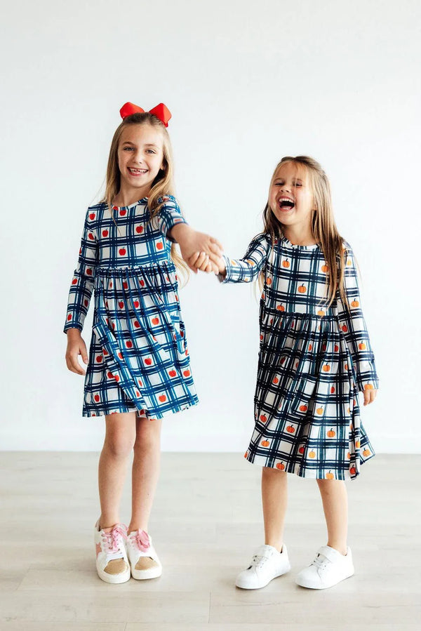 Girls long sleeve plaid pumpkin dress for girls with pocket in blue and white by Mila & Rose