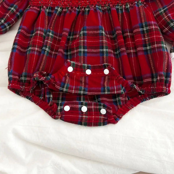 Plaid Baby Bubble Romper Red Cotton Long Sleeve - The Palm Beach Baby