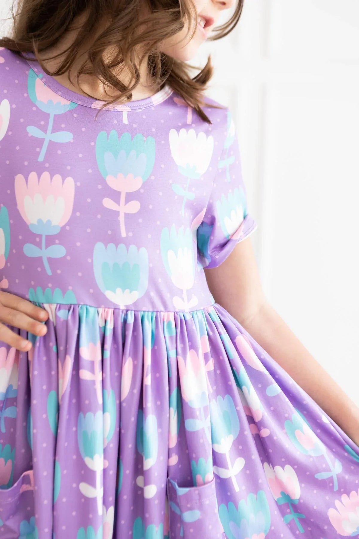 Girls lavender pocket girls twirl dress with pastel floral print short sleeve