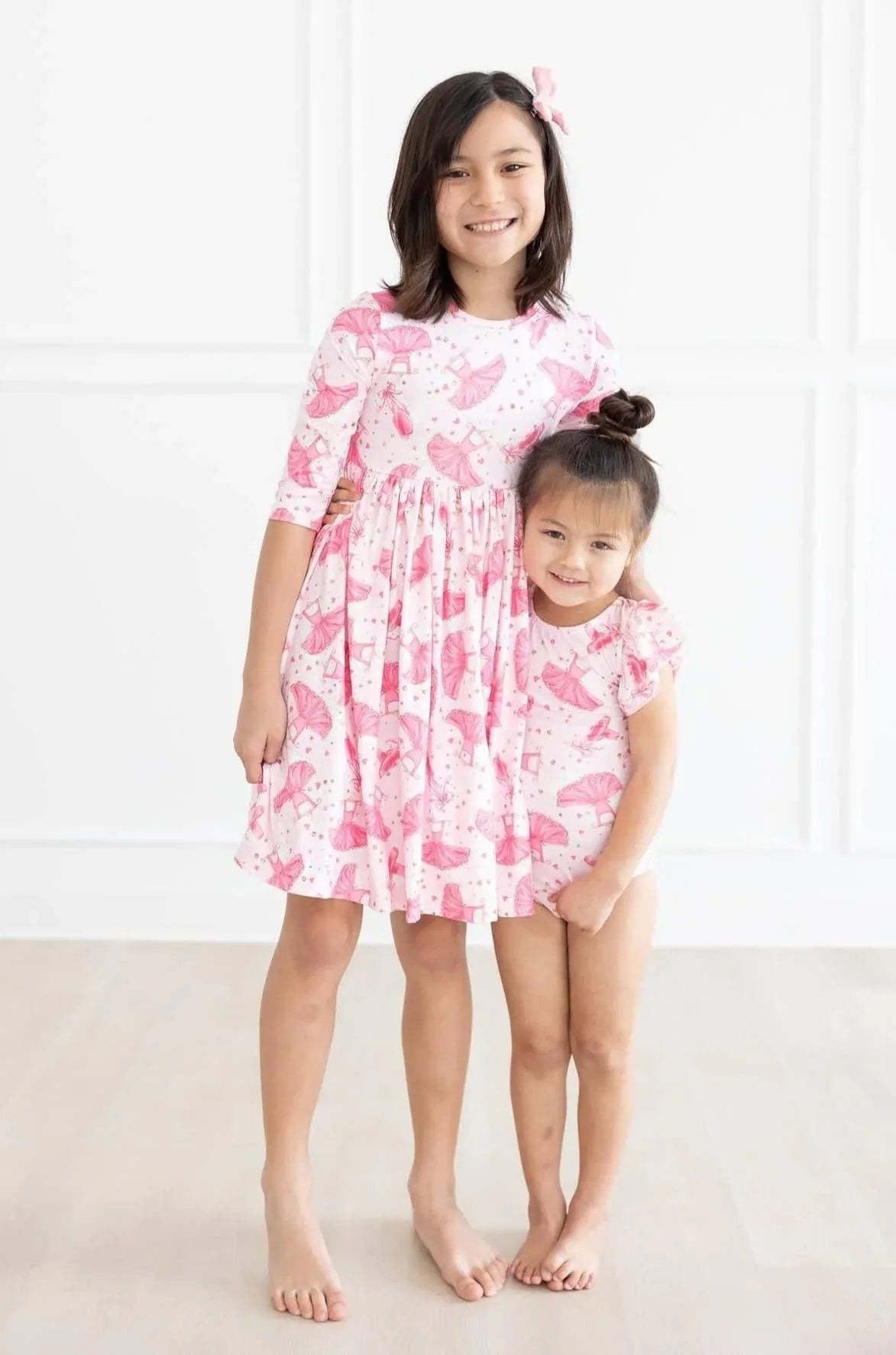 Mila & Rose girls pink pocket twirl dress 3/4 sleeve with unicorn print, toddler and big sister sizes