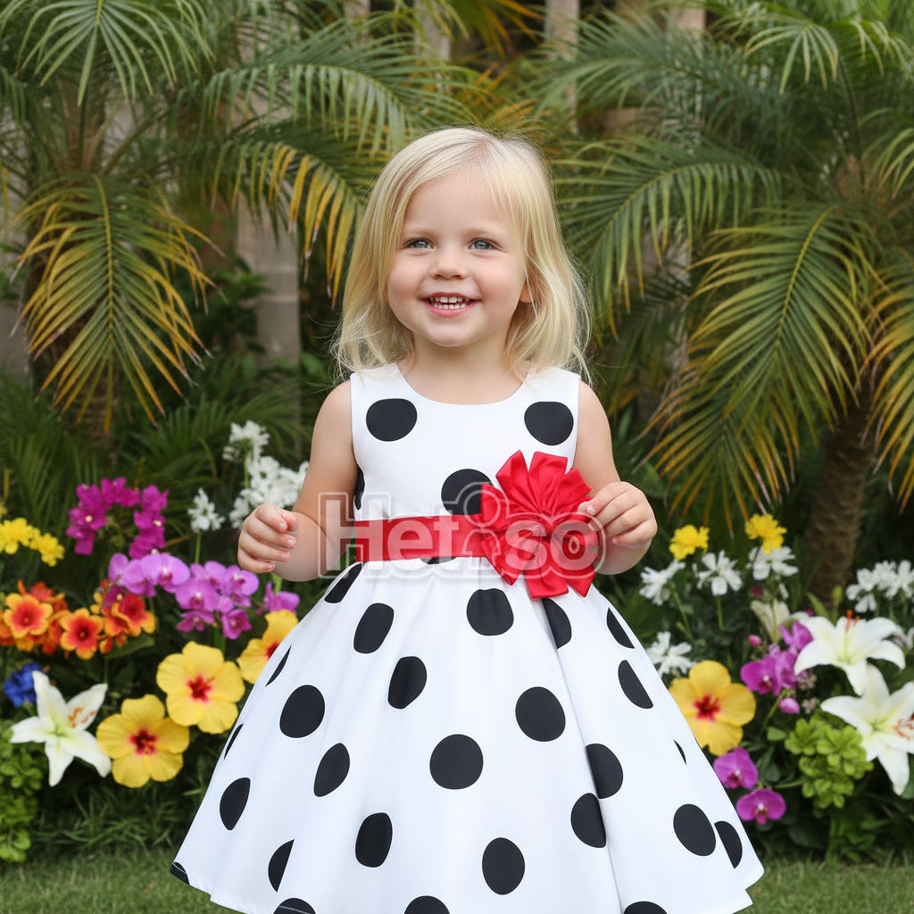 White dress with black polka dots and a red bow on a white background