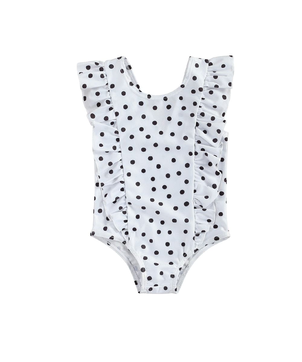 White polka dot girls swimsuit with black dots and ruffle sleeves for toddlers