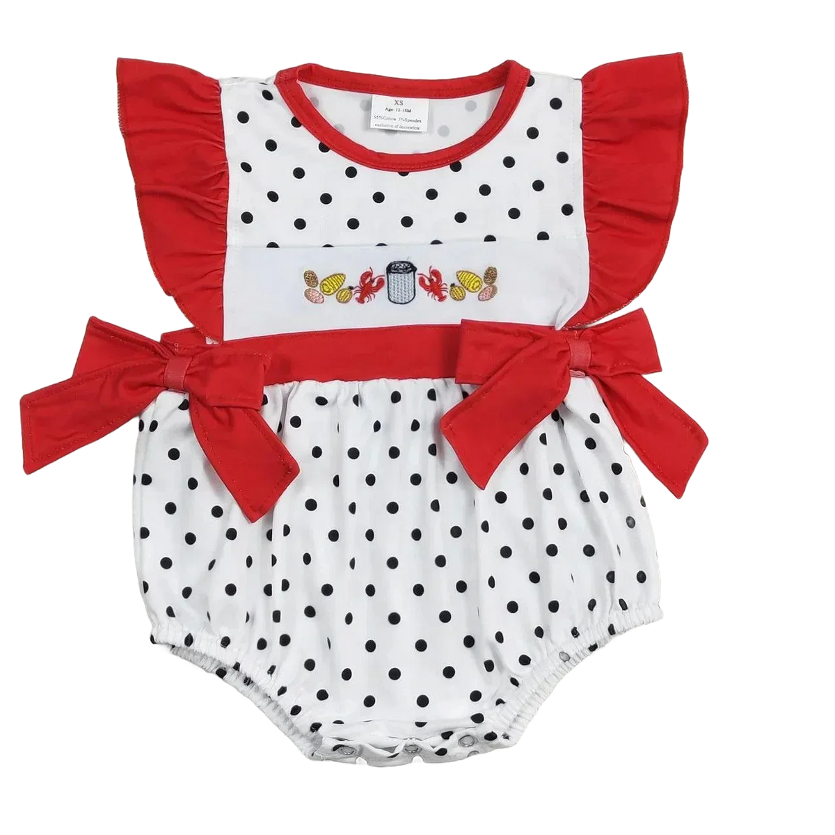 Baby girls white and black polka dot summer romper with red ruffle sleeves and bow details