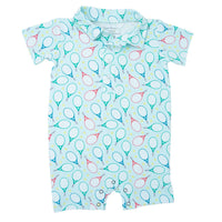 Light blue Polo romper with colorful tennis racket print, short sleeves, collar, and inseam snaps for comfort.