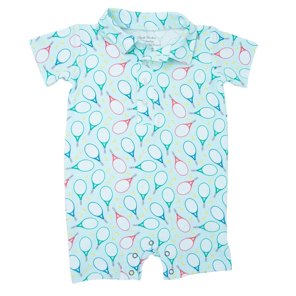 Light blue Polo romper with colorful tennis racket print, short sleeves, collar, and inseam snaps for comfort.