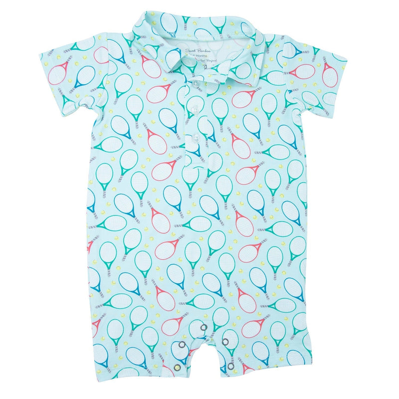 Light blue Polo romper with colorful tennis racket print, short sleeves, collar, and inseam snaps for comfort.