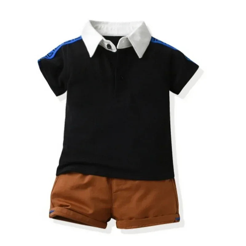 boys black and white collar shirt with brown shorts polo shorts set for kids