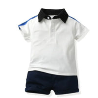 boys white and black collar polo shorts set with blue stripe detailing short sleeve for toddlers