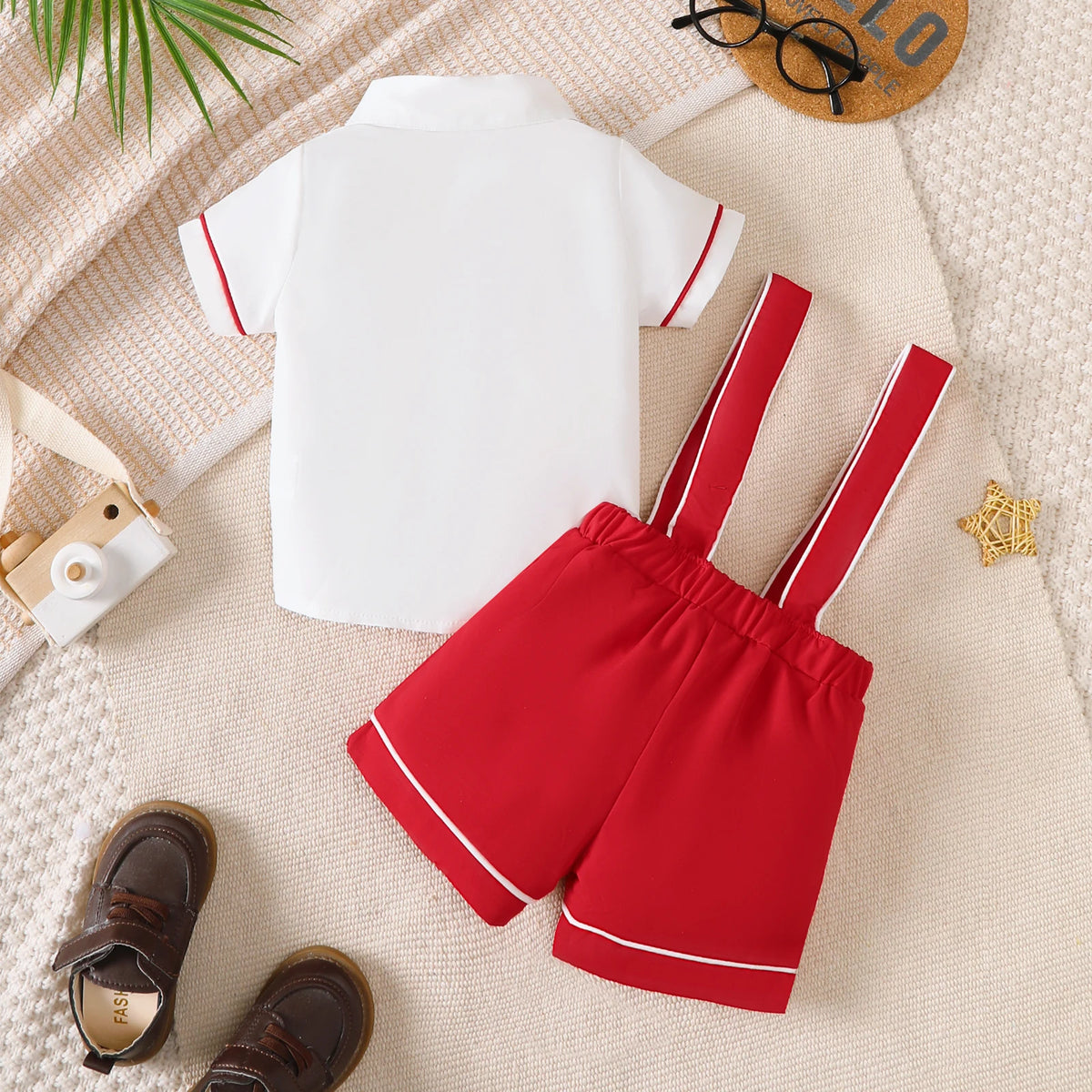 Baby boy white shirt with red trim and red suspender shorts toddler preppy clothing outfit