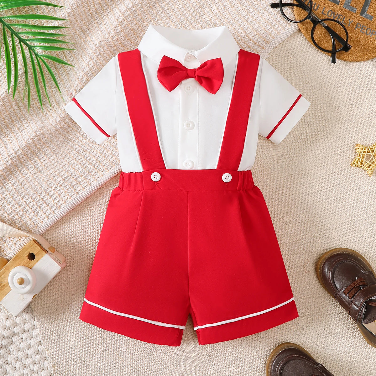 toddler red and white preppy clothing outfit with suspenders and bow tie for boys