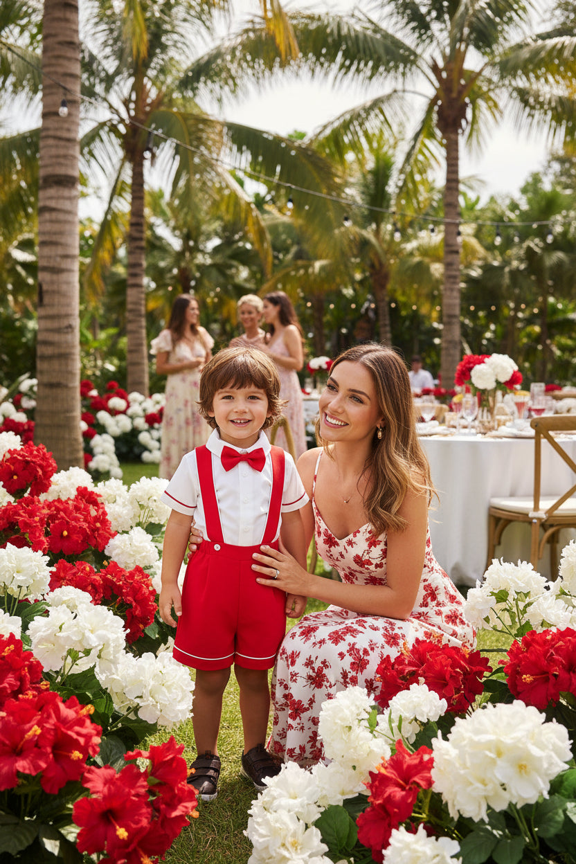 Christopher Red Bowtie Baby Preppy Boys Shorts Set with Suspenders, a stylish two-piece outfit perfect for little boys, featuring a soft cotton blend shirt and lightweight red shorts in a classic preppy style.