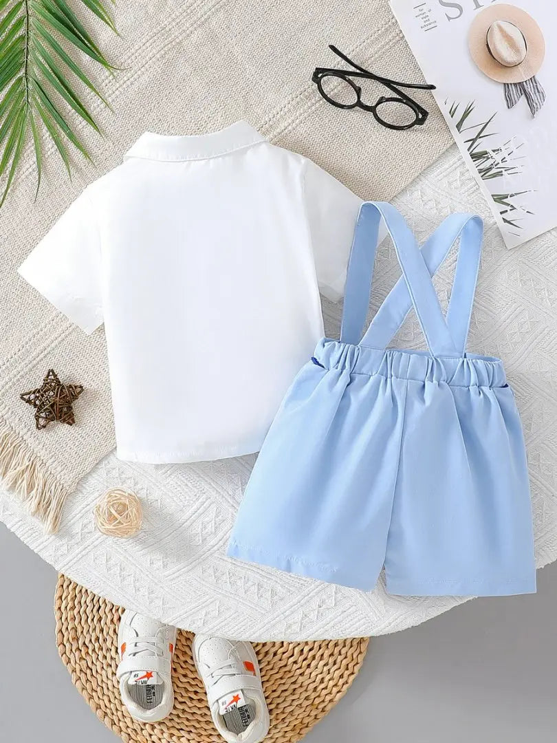 Toddlers preppy clothing set with white collared shirt and light blue suspender shorts