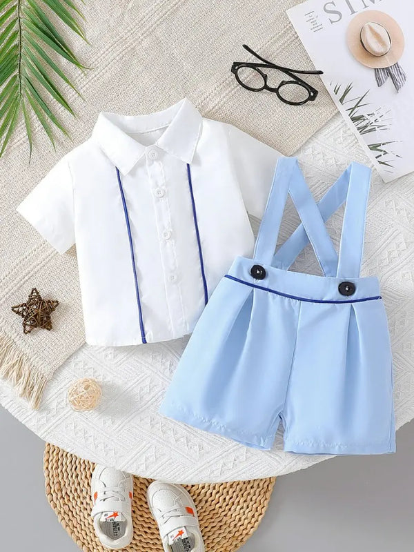 Babies white short sleeve shirt and blue suspender shorts preppy clothing set for toddlers