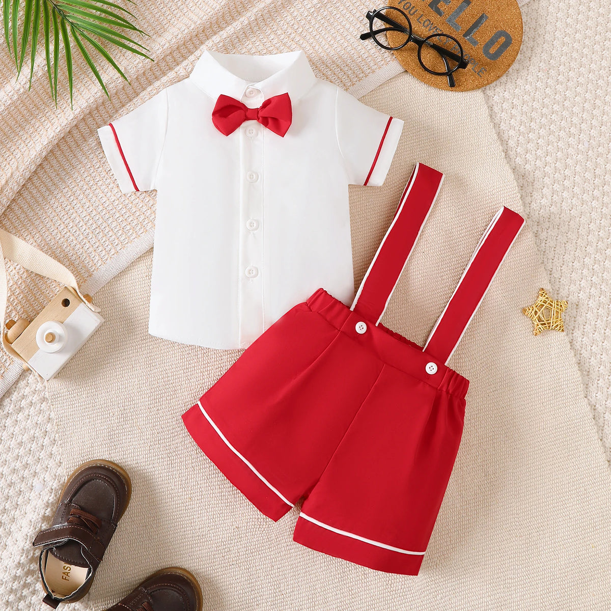 Baby white short sleeve shirt with red bow tie and red suspender shorts toddler preppy clothing outfit