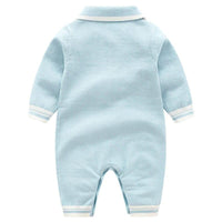 Light blue preppy knit romper for babies with white trim collar and cuffs, long sleeve