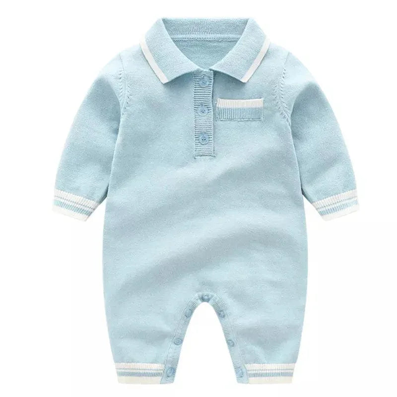 Light blue preppy knit romper for babies with white trim and collar, long sleeve, newborn size