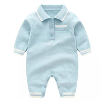 Light blue preppy knit romper for babies with white trim and collar, long sleeve, newborn size