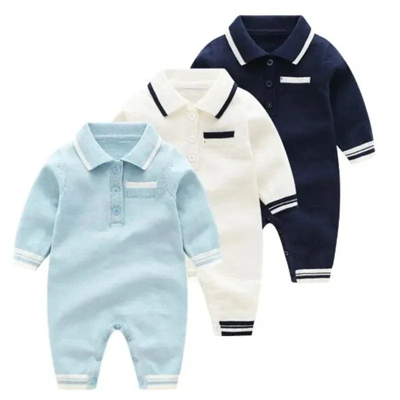 Preppy knit romper for babies in blue white and navy colors with long sleeves and collar