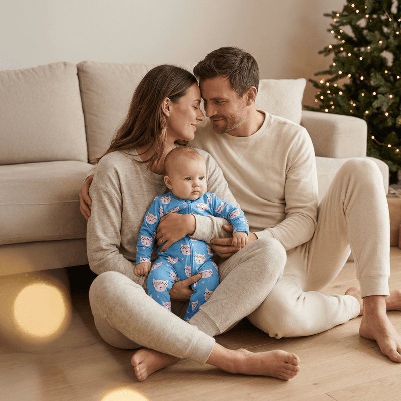 Baby in Pretty Pink Cat Zipper Footie with two-way zipper, cuddled with parents near a Christmas tree.