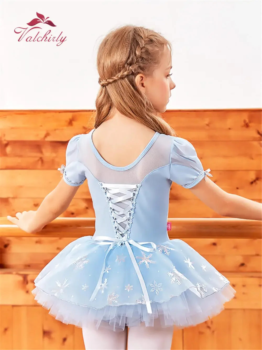 Light blue princess ballerina tutu dress for girls with lace-up back and floral embroidery