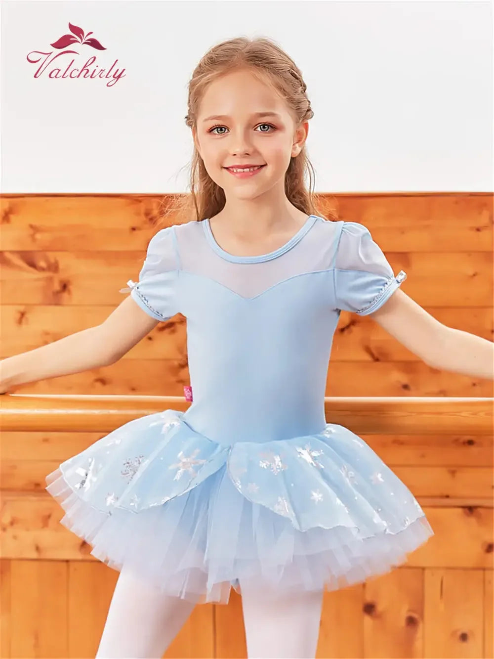 Girls light blue princess ballerina tutu dress with short puff sleeves and snowflake details