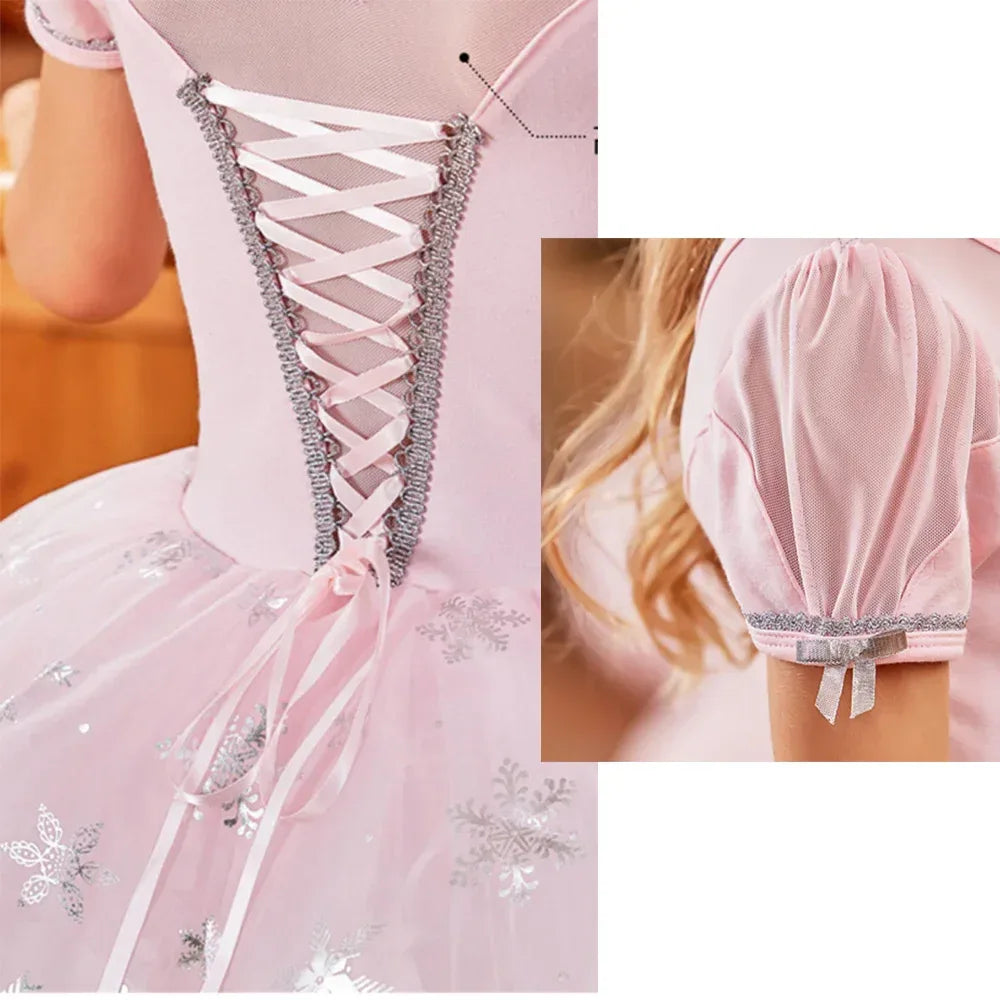 Girls pink princess ballerina tutu dress with silver snowflake details and puff sleeves