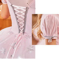 Girls pink princess ballerina tutu dress with silver snowflake details and puff sleeves