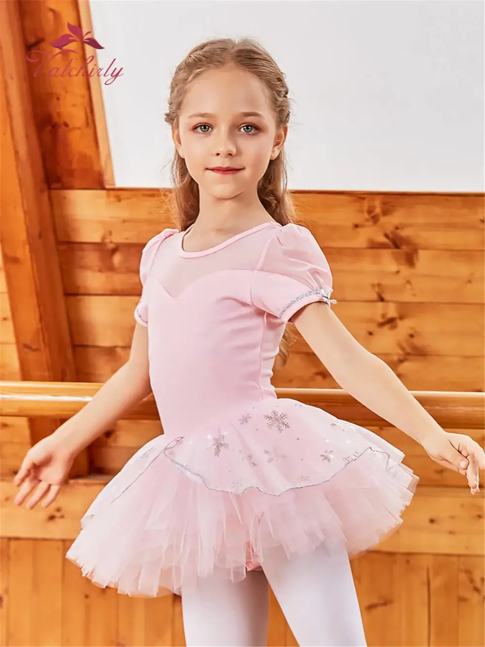 Girls pink princess ballerina tutu dress for kids with short puff sleeves and silver star details