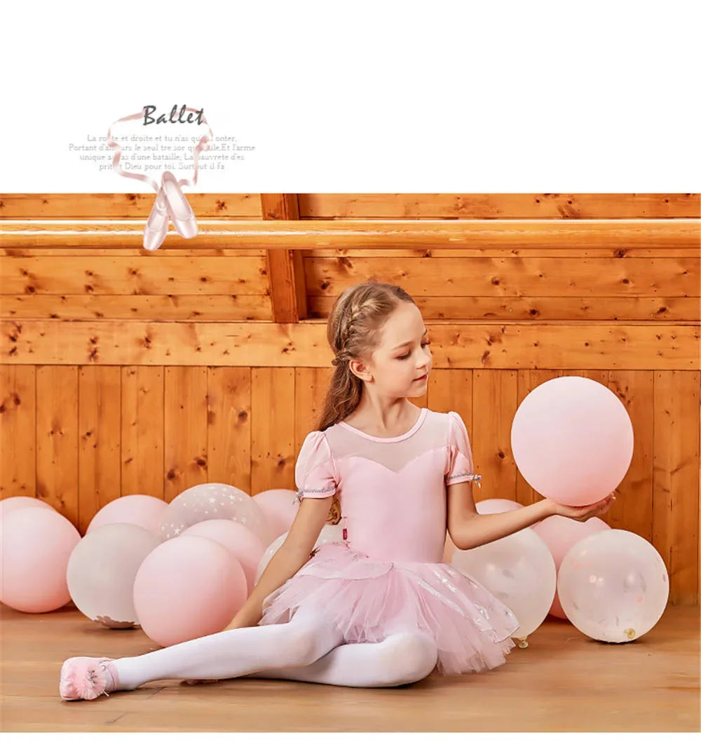 Girls pink princess ballerina tutu dress with puff sleeves for toddlers and kids