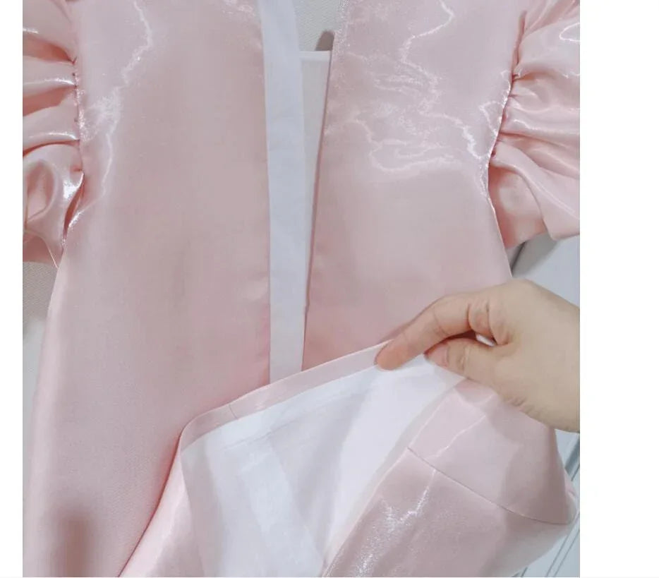 princess pink party dress for little girls shiny satin fabric with puffed sleeves and white lining