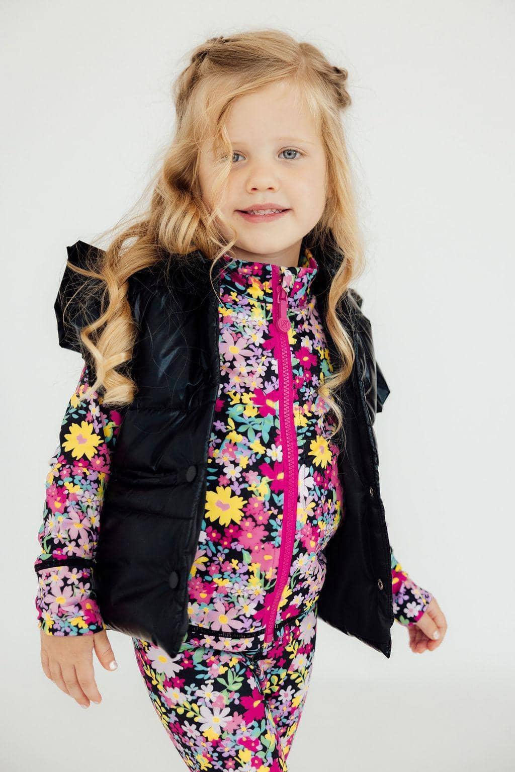 Girls black puffer vest with floral colorful outfit, toddler size by Mila & Rose