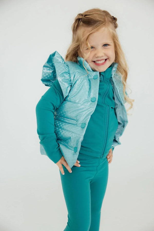 Girls light blue puffer vest with ruffled back detail by Mila & Rose