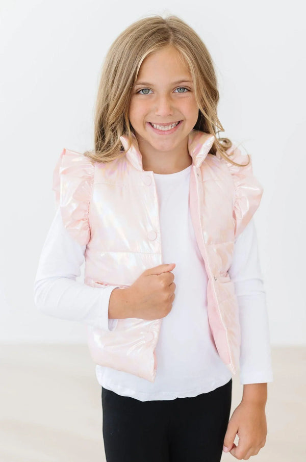 Girls light pink puffer vest with ruffled shoulders by Mila & Rose in size for kids