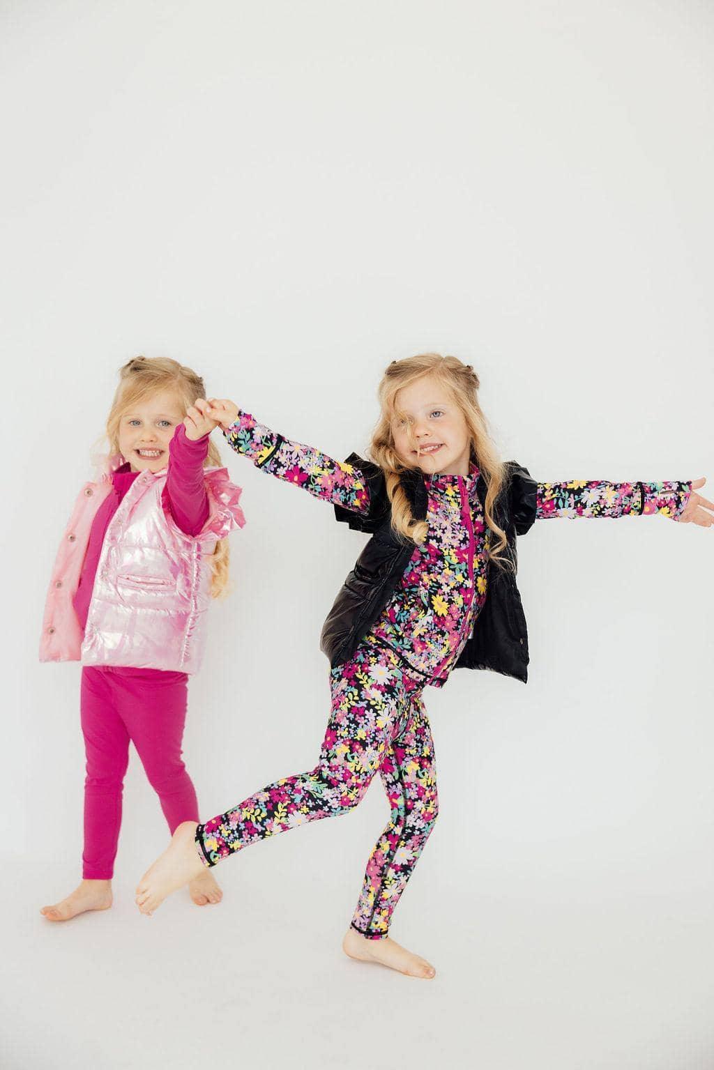 Girls pink and black kids puffer vest outfits with floral and solid colors sizes toddler to youth