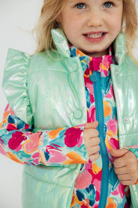 Girls mint green puffer vest with ruffle sleeves and iridescent finish