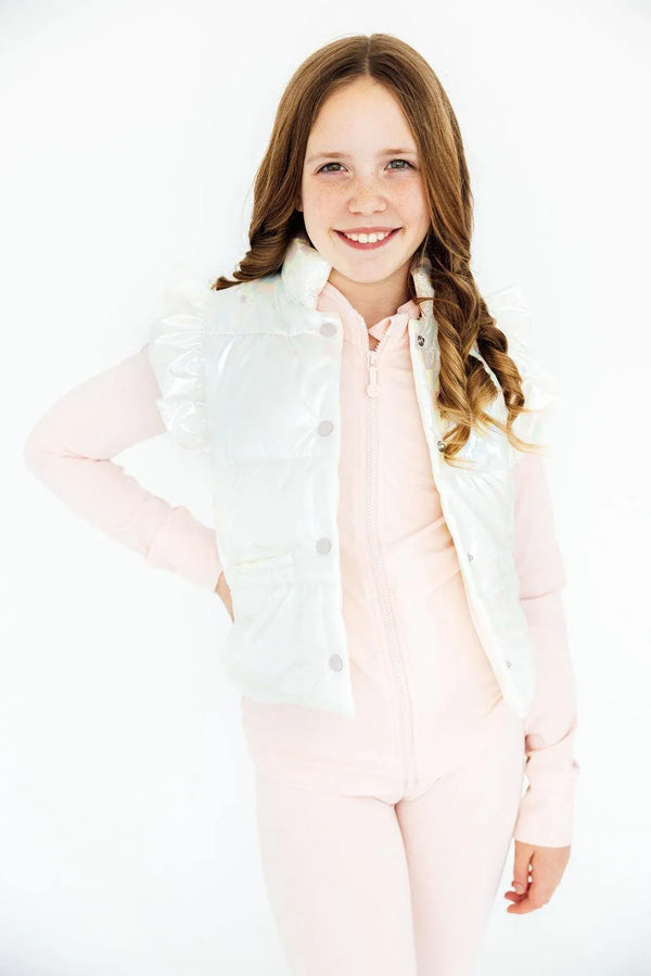 Girls white puffer vest with ruffle detail by Mila & Rose, size for kids
