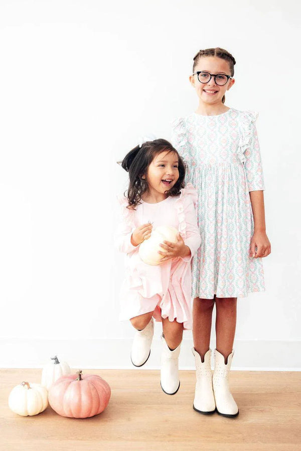 Girls pink twirl ruffle dress and white patterned twirl ruffle dress 3/4 sleeve pumpkin fall dress for girls