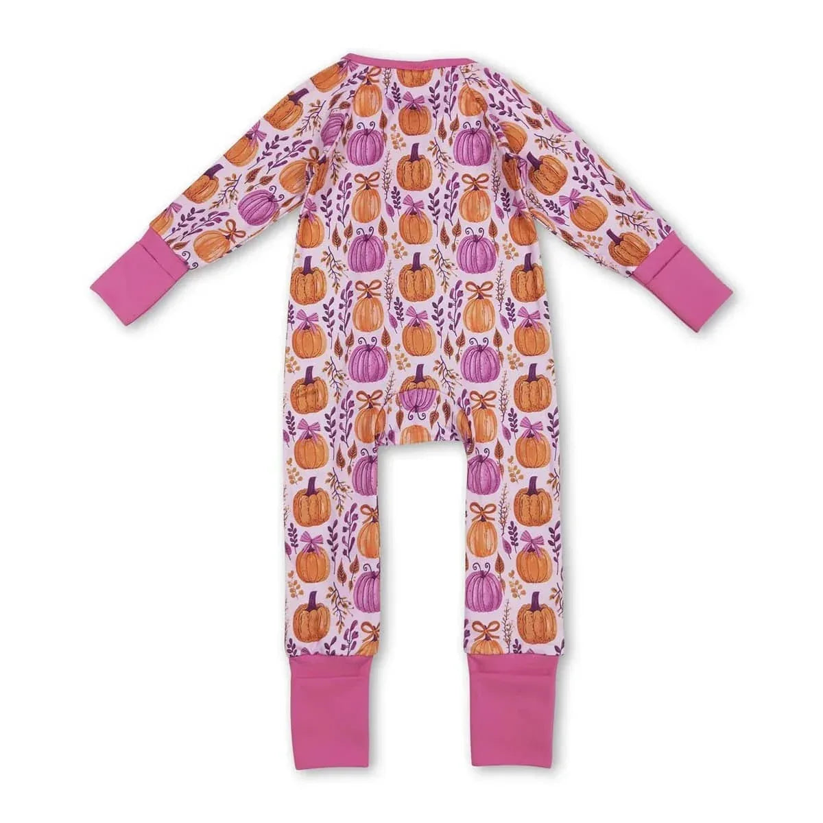 pumpkin floral baby romper for infants with orange and purple pumpkin print and pink cuffs