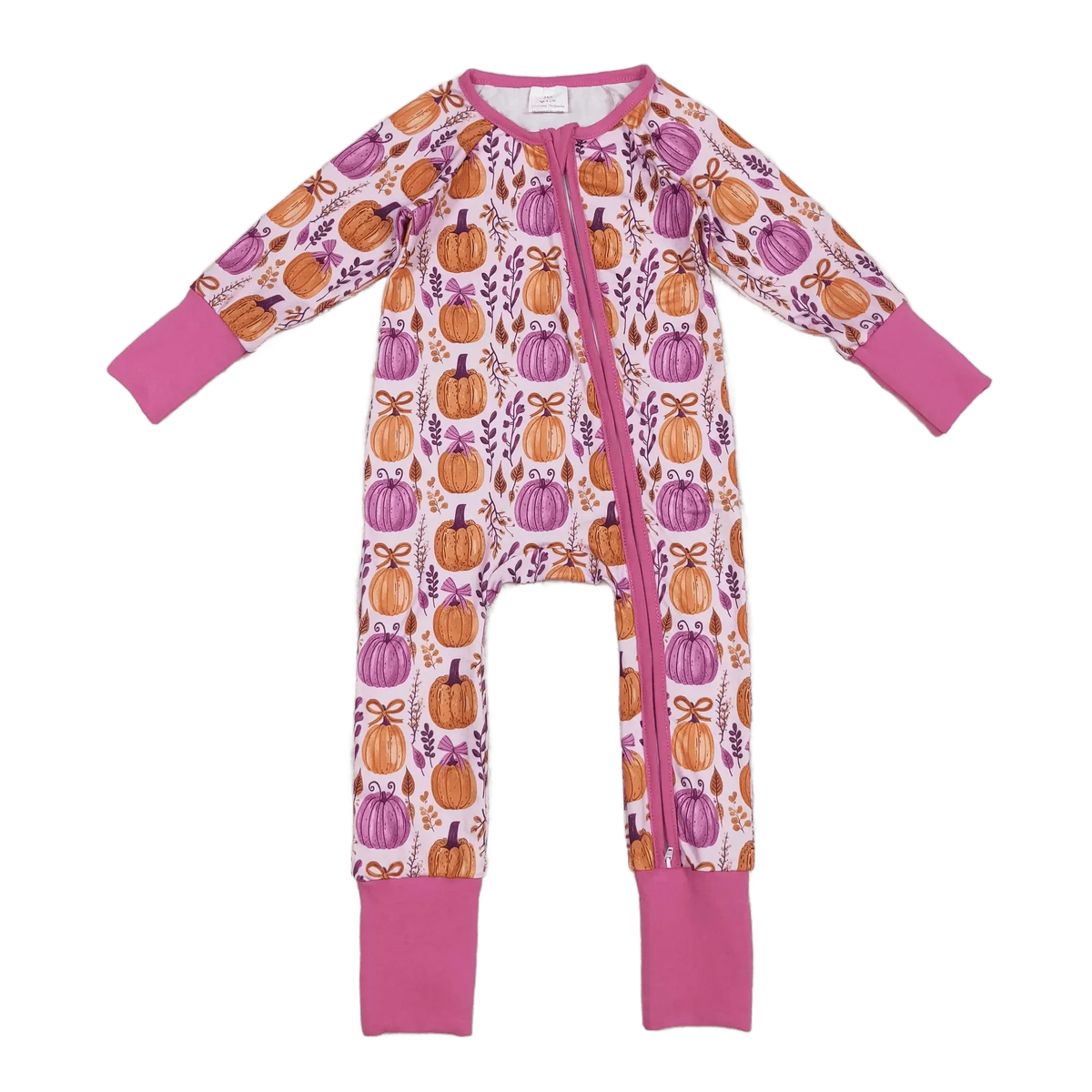 purple and orange pumpkin floral baby romper for infants with long sleeves and pink cuffs