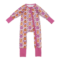 purple and orange pumpkin floral baby romper for infants with long sleeves and pink cuffs