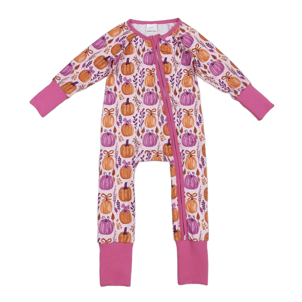 purple and orange pumpkin floral baby romper for infants with long sleeves and pink cuffs