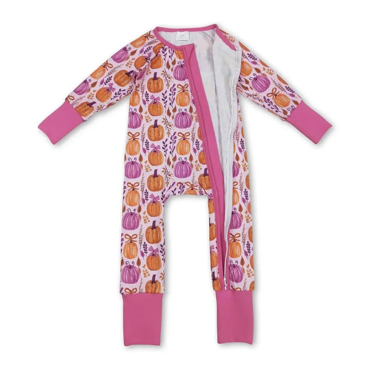 pumpkin floral baby romper for infants with orange and purple pumpkin print and pink cuffs